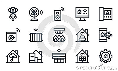 Flat smarthome line icons. linear set. quality vector line set such as smarthome, smart curtain, music, solar panel, home Vector Illustration