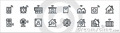 Flat smarthome line icons. linear set. quality vector line set such as temperature, security, cctv, remote control, plug in, smart Vector Illustration