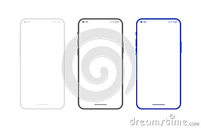 Flat smartphone mockup set white, black and blue colors. Generic mobile phone in front view and empty screen for app Vector Illustration