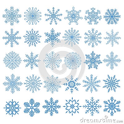 Flat snowflakes. Winter snowflake crystals, christmas snow shapes and frosted cool blue icon, cold xmas season frost snowfall Vector Illustration