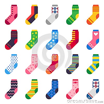 Flat socks. Long sock for child feet, elastic colorful fabric and striped warm kids ankle clothes vector icons set Vector Illustration