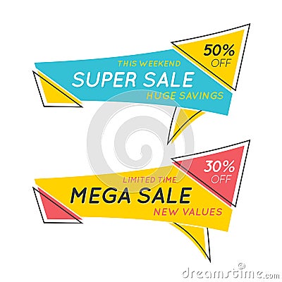 Flat speech bubble shaped banners with text SUPER SALE, price ta Vector Illustration