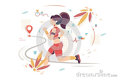Flat sport woman with sportswear running to point. Vector Illustration