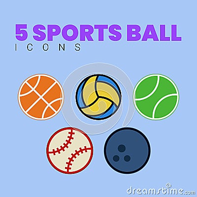 Flat 5 Sports Balls Vector Icon Illustration Vector Illustration