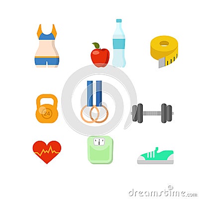 Flat sports fitness tools health exercise web app weight Stock Photo