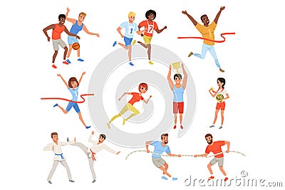 Flat sports people taking part in different competition. Basketball players, karate fighters, tug of war, athletes Vector Illustration