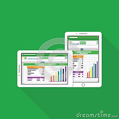 Flat spreadsheets table and graphic on tablet Vector Illustration