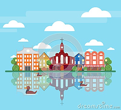 Flat Spring City Landscape Concept Vector Illustration