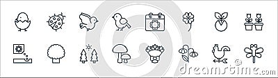 Flat spring line icons. linear set. quality vector line set such as dragonfly, flower, mushrooms, planting, sprout, bird, calendar Vector Illustration
