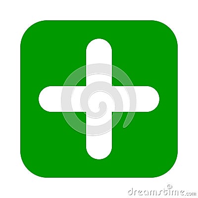 Flat square plus sign green icon, button. Positive symbol isolated on white background. Vector Illustration