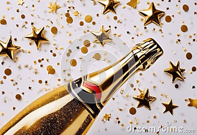 Flat stars Celebration numbers confetti bottle champagne background style lay 2020 holiday New decoration Year Christmas golden Stock Photo