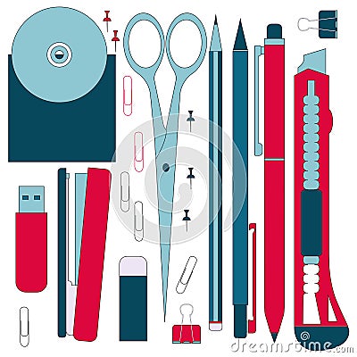 Flat stationery tools, pen set. Pen, pencil, scissors, collection. Pens vector set. School pens tools. Office tools. Vector Illustration