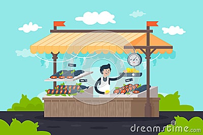 Flat street fish stall with seafood, lemon, green and seller man. Vector Illustration