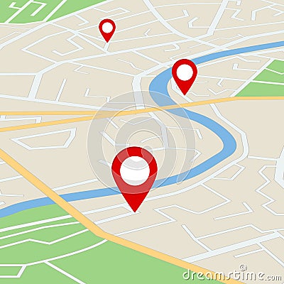 Flat street map with direction. Gps navigation on road town with pins. Simple information scheme of city with river for travel. Stock Photo