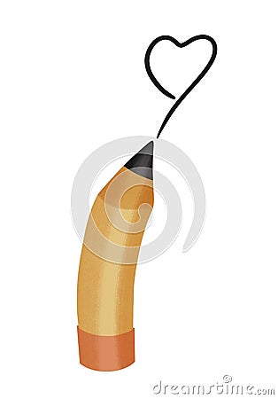 Flat student standing pencil. Cartoon character pencil. Flat character education pencil drawing the heart line Stock Photo