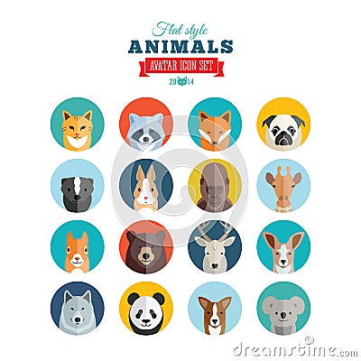 Flat Style Animals Avatar Vector Icon Set Vector Illustration