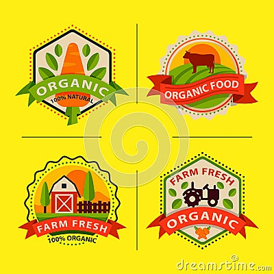 Flat style of bio organic eco healthy food label logo template and vintage vegan farm element in orange green color Vector Illustration