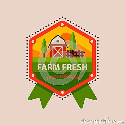 Flat style of bio organic eco healthy food label logo template and vintage vegan farm element in orange green color Vector Illustration