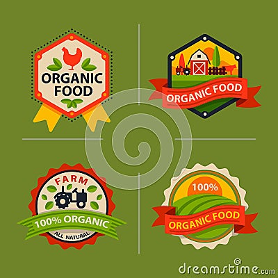 Flat style of bio organic eco healthy food label logo template and vintage vegan farm element in orange green color Vector Illustration