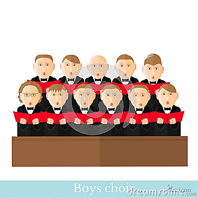 Flat style boys choir in two raws with black suits and red cover notes isolated Vector Illustration