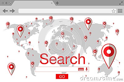 Flat style browser search engine. World map with pins Vector Illustration