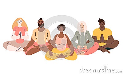 Flat style cartoon cute character, diverse group of people doing meditation in yoga pose Vector Illustration