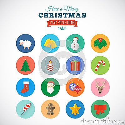 Flat Style Christmas Vector Icon Set With Gift Box Vector Illustration