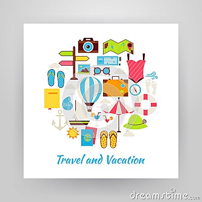 Flat Style Circle Vector Set of Summer Vacation and Travel Objec Vector Illustration