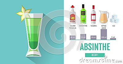 Flat style cocktail menu design. Cocktail absinthe recipe Vector Illustration