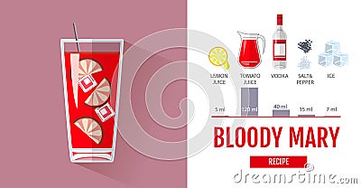 Flat style cocktail menu design. Cocktail bloody mary recipe Vector Illustration