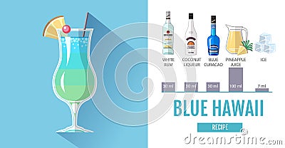 Flat style cocktail menu design. Cocktail blue hawaii recipe Vector Illustration