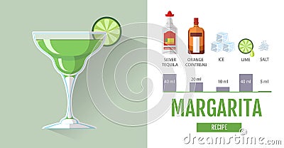 Flat style cocktail menu design. Cocktail margarita recipe Vector Illustration