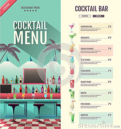 Flat style cocktail retro menu design with bar interior Vector Illustration