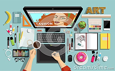 Flat Style Concept of Creative Designers Workspace. Icons Collection of Work Flow Items and Elements, Stationery and Drawing Tool Vector Illustration