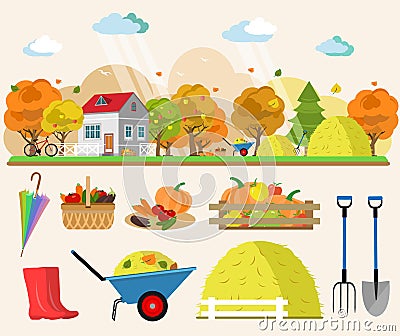 Flat style concept illustration of autumn landscape with house, rain, haystacks, baskets of vegetables, trees, tools for garden. Vector Illustration