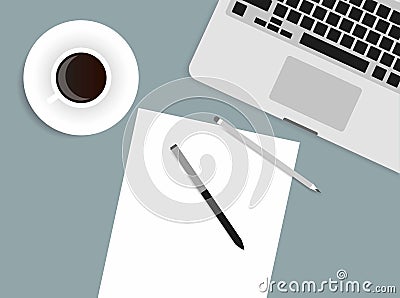 Flat Style Contemporary Design. Top view of the office workplace. Vector Illustration