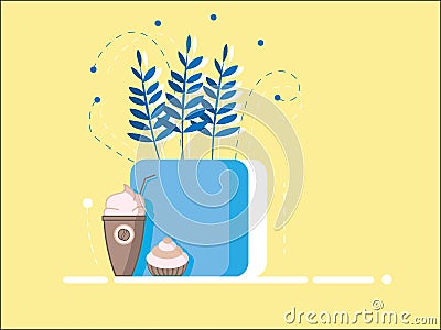 Flat style cup of coffee with whipped cream and cupcake. Blue flowers pot Vector Illustration