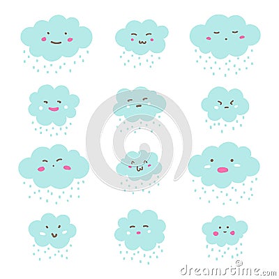 Flat style cute clouds, emoticons with cartoon emoji faces Vector Illustration