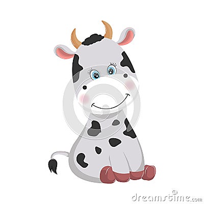 Flat style of a cute funny cow. Cartoon farm domestic mammal. Isolated objects on white background. Vector Illustration