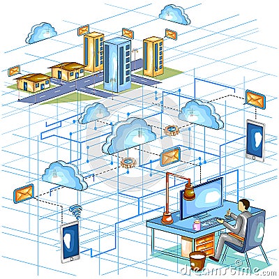 Flat style 3D Isometric view of Cloud Computing Network Vector Illustration