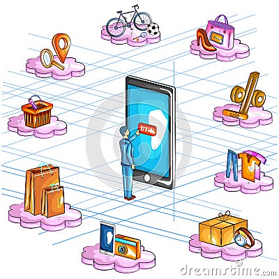 Flat style 3D Isometric view of e commerce online shopping application interface Vector Illustration