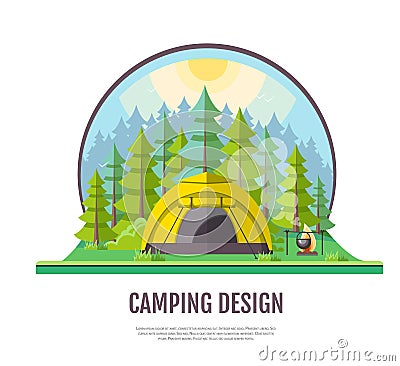 Flat style design of forest landscape and camping. Vector Illustration