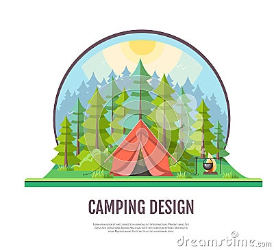 Flat style design of forest landscape and camping. Vector Illustration