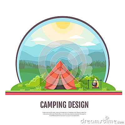 Flat style design of Mountains landscape and camping. Vector Illustration