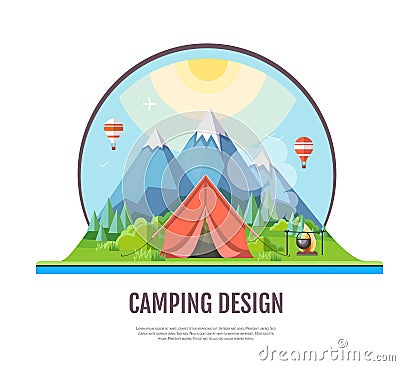 Flat style design Mountains landscape and camping. Vector Illustration