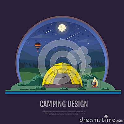 Flat style design of Mountains landscape and camping. Night scene Vector Illustration