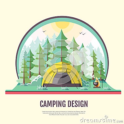 Flat style design of retro forest landscape and camping Vector Illustration