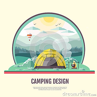 Flat style design of retro Mountains landscape and camping Vector Illustration