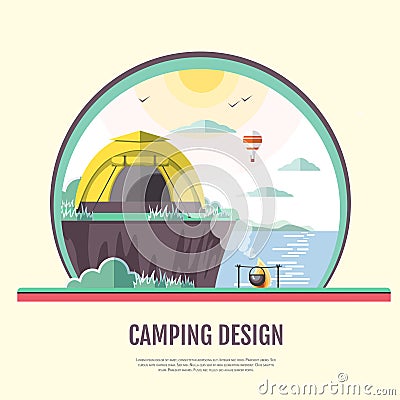 Flat style design of retro seaside landscape and camping Vector Illustration