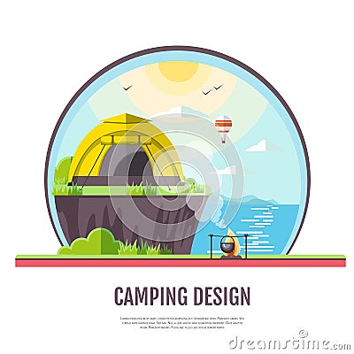 Flat style design of seaside landscape and camping. Vector Illustration